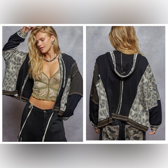 POL Jackets & Blazers - NEW Pol Oversized Full Zip Hoodie Thermal Camo Patches Mixed Media Light Jacket